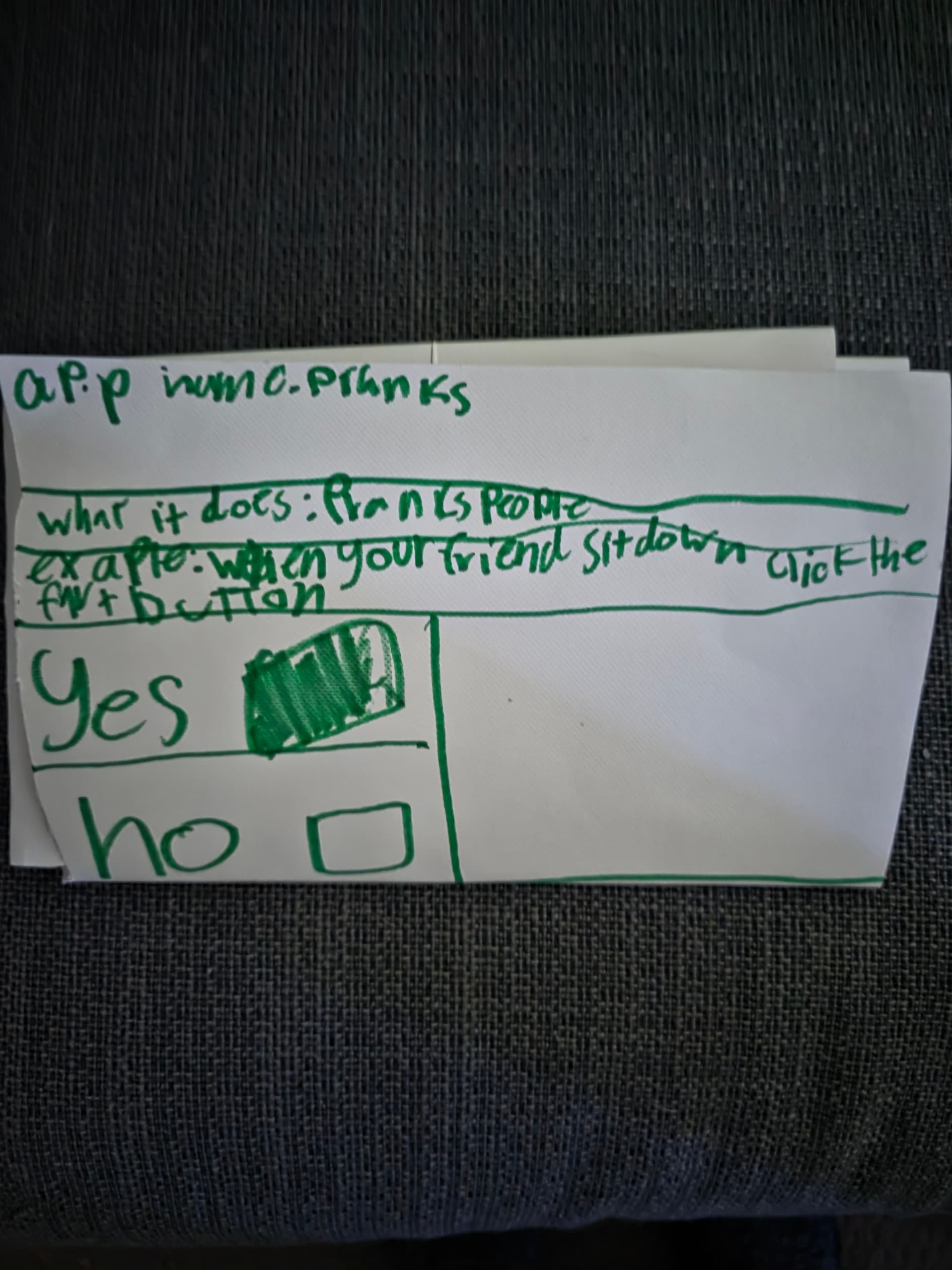 The designer's original hand-drawn Pranks app idea